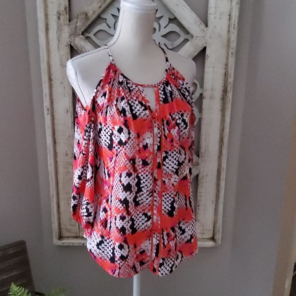 Worthington Women's 3/4 Sleeve Cold Shoulder Halter Top in Coral & Black